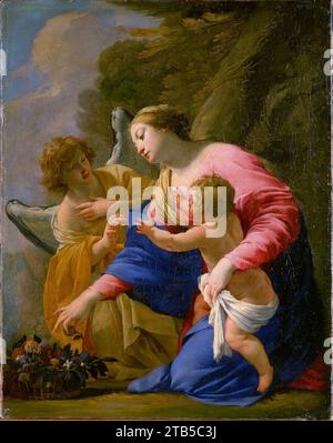 Vouet - La Vierge et l'Enfant au panier de Fruits, avec un ange, 000PE023055. Stockfoto