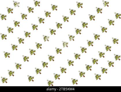 Festliche Tapete von Cartoon-Weihnachtsbäumen in verschiedenen Formen und Größen, verziert mit Ornamenten und Sternen, auf weißem Hintergrund. Stock Vektor