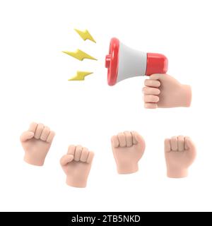 Zeichentrickhände von Dämonstranten und Hand mit Megaphon, Protestkonzept, Revolution, Konflikt, 3D-Illustration in flacher Konstruktion .3D-Rendering auf weißem Hintergrund Stockfoto