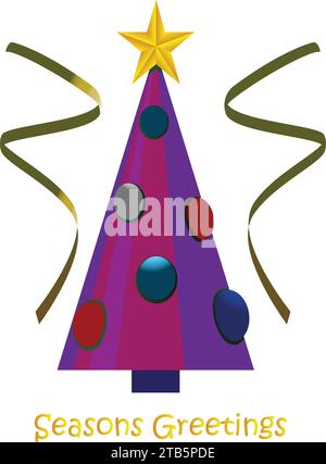 Ein großer, majestätischer, violetter Weihnachtsbaum mit funkelnden Ornamenten, Bändern und einem Stern auf der Spitze steht stolz vor einem Hintergrund des glitzernden Schimmerns Stock Vektor