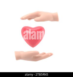Krankenversicherungskonzept. Schutz Gesundheit. Pflege medizinisch. Die Handflächen schützen das Herz. Symbol Healthcare.3D-Rendering auf weißem Hintergrund. Stockfoto