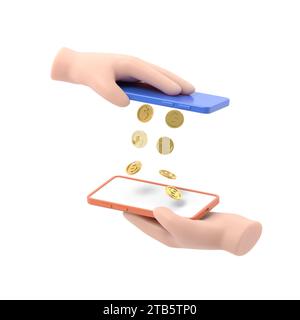 Mobile Zahlung Geldtransfer flache 3D-Isomometrie isometrisches Finanztransaktionskonzept Web 3D Illustration. Münztropfen regneten von einem Smartphone zu Stockfoto