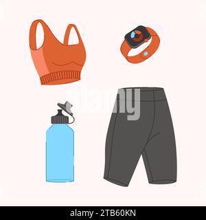 Sportausrüstung für Damen. Vektorabbildung. Fitnessgeräte in flachem Design. Kollektion zum Thema Sport. Ideal für Webdesign, Aufkleber, Sportführer und T Stock Vektor