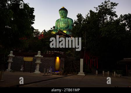 Blick auf die große sitzende Buddha-Statue auf dem Gipfel des Berges am Wat Phra That Doi Phra Chan am Morgen, Mae Tha, Lampang Provinz, Thailand. Stockfoto