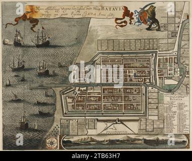 Waere affbeeldinge Wegens het Casteel ende Stadt BATAVIA gelegen opt groot Eylant JAVA Anno 1681. Stockfoto