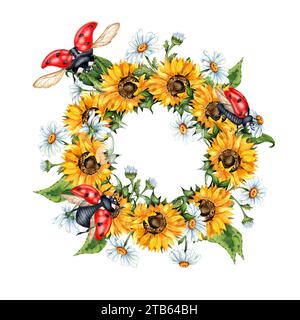 Aquarellillustration eines Kranzrahmens aus gelben Sonnenblumen, weißen Gänseblümchen und Marienkäfern. Erntefest. Die Grenze ist isoliert. Zusammensetzungen für Stockfoto