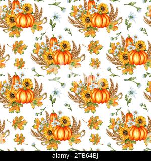 Aquarellgrafik von zwei Reifen orangen Kürbissen mit Sonnenblumen, Gänseblümchen, Weizen und Ahornblättern. Symbol für Thanksgiving oder Halloween. Aut Stockfoto