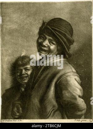 Wallerant Vaillant Mezzotint nach Frans Hals - zwei Jungen lachen mit einer Münze. Stockfoto