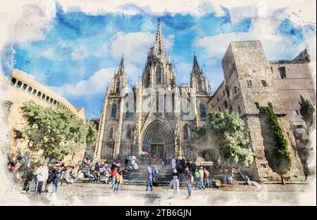 Kathedrale Von Barcelona. Catedral de la Santa Cruz y Santa Eulalia (das Heilige Kreuz und die Heilige Eulalia) in Barcelona, Spanien in Aquarellstil-Illustration Stockfoto