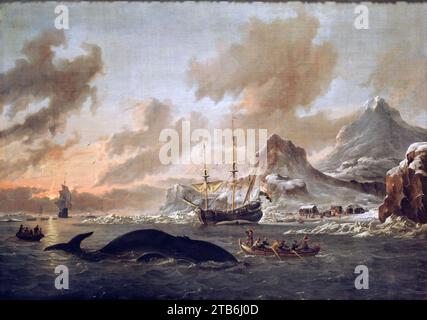 Walvisvangst bij de kust van Spitzbergen - niederländische Walfänger in der Nähe von Spitzbergen (Abraham Storck, 1690). Stockfoto