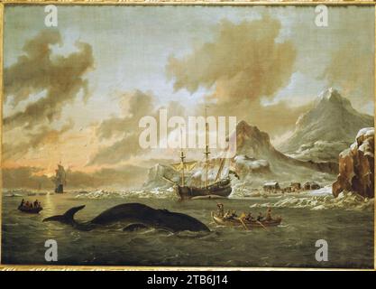 Walvisvangst bij de kust van Spitzbergen - niederländische Walfänger bei Spitzbergen (Abraham Storck, 1690) - Bild in Originalfarben. Stockfoto