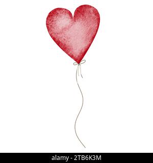 Aquarellroter Herzballon auf einem Band. Niedliches Design für Valentinskarten und Einladungen. Stockfoto