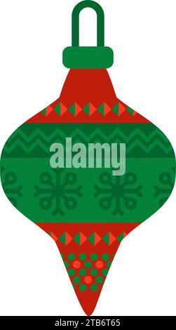 Weihnachtsbaumspielzeug mit norwegischem Nationalfeiermuster in Rot und Grün. Weihnachtsbaumspielzeug im handgefertigten, kunstvollen Strickstil. Einfacher flacher Vektor Stock Vektor