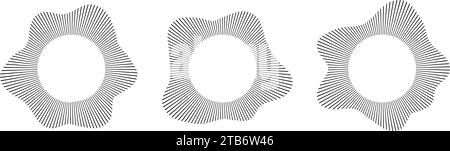Radialwellen-Schalllinien. Kreisförmiger Rahmen. Klangring. Wellenförmiger Rundrahmen. Symbol für radiale Strahlen. Wellenförmiges geometrisches Designelement. Equalizer, radial Stock Vektor