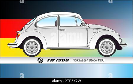 Deutschland, Jahr 1972, Volkswagen Beetle VW1303, Silhouette Oldtimer, weiße Illustration auf der deutschen Flagge im Hintergrund Stockfoto