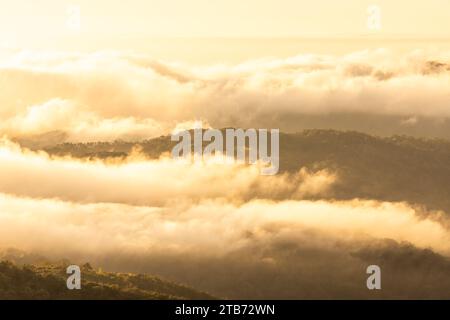 Die Landschaft der Berge während des Sonnenaufgangs scheint warmes Sonnenlicht auf den Morgennebel, während Sie über die Bergkette treiben. Stockfoto