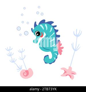 Niedliches Seepferd, Muscheln und Seesterne unter Wasser. Vektor-Illustration des Meereslebecharakters Stock Vektor