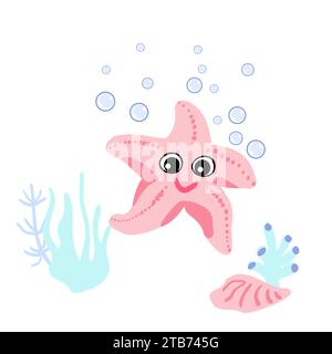 Süßer rosa Seestern unter Wasser, Muscheln und Algen. Vektor-Illustration des Meereslebens Charakter Stock Vektor
