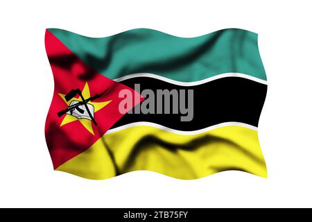 Die Flagge MOSAMBIKS auf einem transparenten Hintergrund schwenken. 3D-Rendering. Beschneidungspfad Enthalten Stockfoto