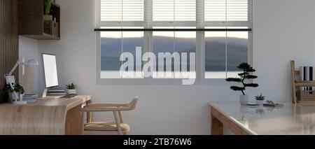 Seitenansicht eines modernen und minimalistischen Arbeitsbereichs mit PC-Computer auf Schreibtisch, Holzstuhl, Fenster, Wandregal und Einrichtung. 3D-Rendering, 3D i Stockfoto