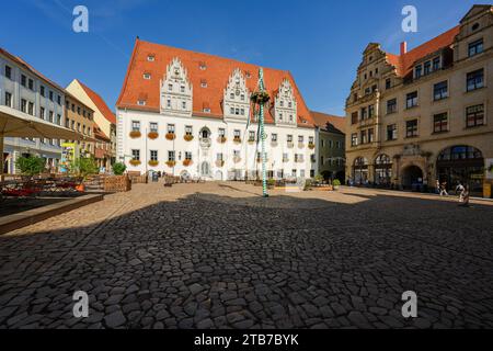 Das Rathaus auf dem Marktplatz im historischen Zentrum von Meissen. Stockfoto