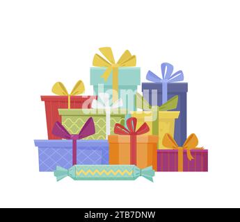 Farbenfrohe Geschenkboxen mit Schleife und Schleifen. Stapel von verschiedenen Feiertagen mit Grüßen, Geburtstagsgeschenken oder Weihnachten Stock Vektor