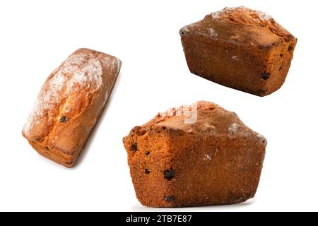 Ein Cupcake mit Rosinen auf weißem Hintergrund. Muffin. Stockfoto