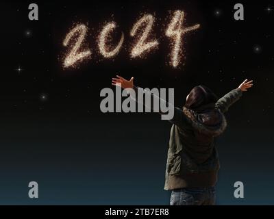 Glückliches asiatisches Mädchen, offener Arm mit freudiger Freude am Countdown-Abend mit Feuerwerkslicht für 2024 Jahre. Bild einer fröhlichen Neujahrsfeier Stockfoto