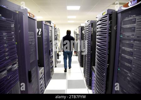 IT-Unternehmen: Techniker von hinten im Serverraum des Sun-Mikrosystems Stockfoto