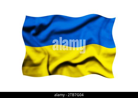 Die Flagge der Ukraine winkt im Wind auf weißem Hintergrund. 3D-Rendering. Beschneidungspfad enthalten Stockfoto