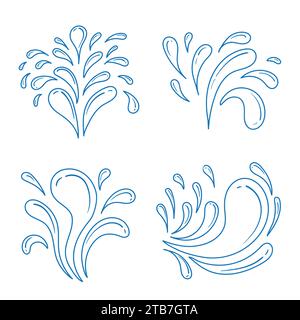 Wasserspritzer Linien Symbole setzen Vektorillustration. Meereswellen und Flüssigkeitstropfen, Ozean- oder Meereswellen mit Schaum und Spritzern, mit Wassertropfen besprühen Stock Vektor
