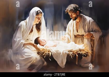 Joseph und Maria beugten sich mit der Anbetung über die Wiege des Kindes Jesus Christus Stockfoto