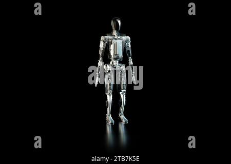 Dezember 2022: Humanoider Roboter-Prototyp Tesla Bot (1,72 m und 56 kg), der von Elon Musks Firma entwickelt wurde. Hochformat in voller Länge. Mit freundlicher Genehmigung von Tesla, Inc Stockfoto