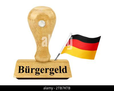 Holzstempel und deutsches Grundeinkommenssystem mit Flagge isoliert auf weißem Hintergrund Stockfoto