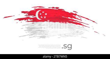 Singapur-Flagge. Pinselstriche, Grunge. Gezeichnete singapurische Flagge auf weißem Hintergrund. Vektordesign für Nationalfeiertag, Poster, Vorlage Stock Vektor