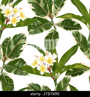 Nahtloses tropisches Muster mit Plumeria-Blüten, Frangipani- und Ficus elastica-Blättern. Stock Vektor