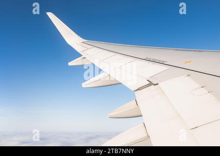 Ernteflügel eines Flugzeugs, das bei sonnigem Wetter über weiße Wolken gegen blauen Himmel fliegt Stockfoto