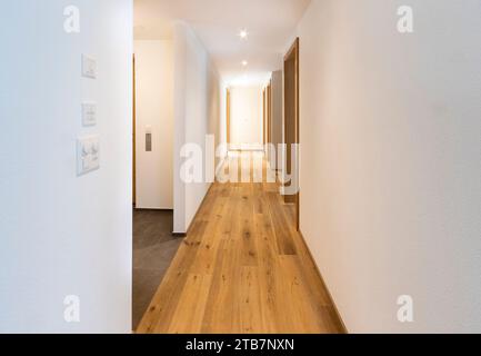 Ein heller, moderner Flur mit Holzboden, weißen Wänden und Türen, die zu verschiedenen Räumen führen. Stockfoto