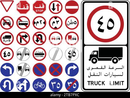 Warnung: Bei Straßenschildern in Saudi-Arabien werden Entfernungen in metrischen Einheiten und in ostarabischen Zahlen angezeigt. Stock Vektor