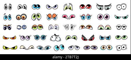 Comic-Augen isolierte Vektorset. Lustige Blicke, die unterschiedliche Emotionen ausdrücken. Freundlich, wütend, überrascht und traurig, verdächtig, böse, liebevolle, wow oder gelangweilte Augen für Charaktere und Persönlichkeiten, die das Gestaltungskit für Figuren und Persönlichkeiten kreieren Stock Vektor