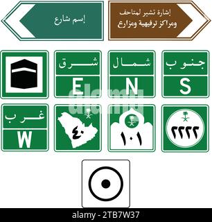 In Richtung, in Straßenschildern in Saudi-Arabien, werden Entfernungen in metrischen Einheiten und in ostarabischen Zahlen angezeigt. Stock Vektor