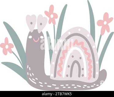 Schnecke Hand gezeichnete Baby Illustration. Niedliche Schnecke auf dem Hintergrund von Blumen und Kräutern. Kinderfigur, isolierte Vektor-Illustration Stock Vektor