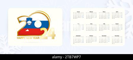 Horizontaler Taschenkalender 2024 in slowenischer Sprache. Neujahrssymbol 2024 mit Flagge Sloweniens. Vektorkalender. Stock Vektor