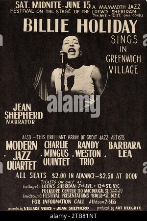 Vintage Jazz Poster - Billie Holiday 1957 Greenwich Village, New York, Black and White Handbill - Flyer Stockfoto