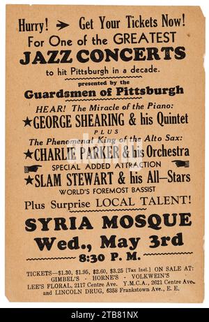 Vintage Jazz Poster - Charlie 'Bird' Parker 1950 Pittsburgh, Syrien Moschee, PA Concert Handbill - Flyer Stockfoto