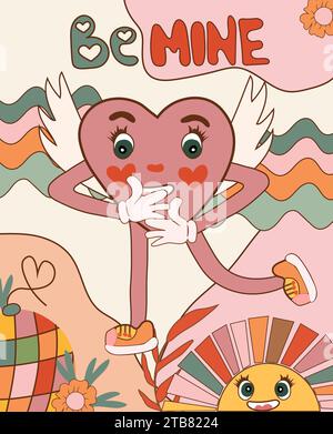 Eine groovige Hippie Love Sticker Kollektion für einen Retro-Look mit Happy Valentine's Day. Mit lustigen Herzfiguren im Comic-Stil mit Blumen im modischen Retro-Zeichentrickdesign der 60er bis 70er Jahre. Vektorabbildung. Stock Vektor