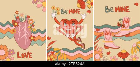 Retro-Karten zum Valentinstag. Mit romantischen Cartoon-Elementen und Hippie-Charakteren. Ideal als Liebesaufkleber für Poster und Karten. Vektorabbildung Stock Vektor