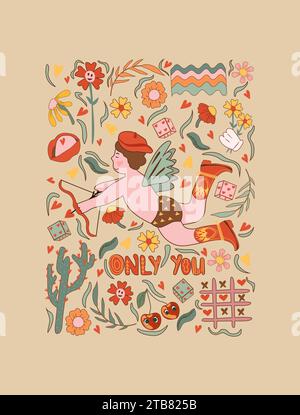 Retro-Valentinstag. Mit romantischen Cartoon-Elementen und Hippie-Charakteren. Enthält einen Vintage-Comic-Stil, Blumen, Gänseblümchen. Ideal für Grußkarten Aufkleber, Cover und T-Shirt-Prints Stock Vektor