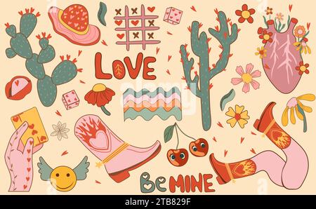 Retro-Sticker zum Valentinstag. Mit romantischen Cartoon-Elementen und Hippie-Charakteren. Ideal als Liebesaufkleber für Poster und Karten. Vektorabbildung. Stock Vektor