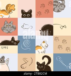 Nahtloses Muster von Katzen in verschiedenen Posen im Skizzenstil. Fette, süße Katzen-Lifestyle. Haustiere. Die Katze zischt, schläft, versteckt sich in einer Kiste und läuft. Für Stock Vektor